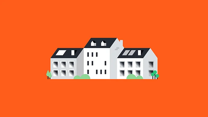 Drawing of a neighborhood with apartments and houses