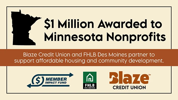 $1 million awarded to Minnesota Nonprofits. Blaze Credit Union and FHLB Des Moines parter to support affordable housing and community development.