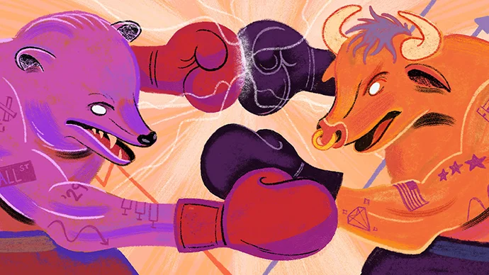 Drawing of a bear and a bull fighting in a boxing ring
